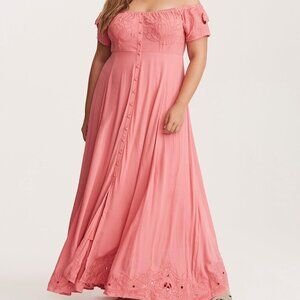 Torrid Coral Embroidered Off Shoulder Maxi Dress